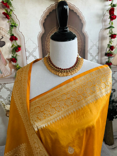 Banarasi Katan Silk Saree | Kadwa weave | Yellow | Handwoven | Silk Mark Certified | Ships from California